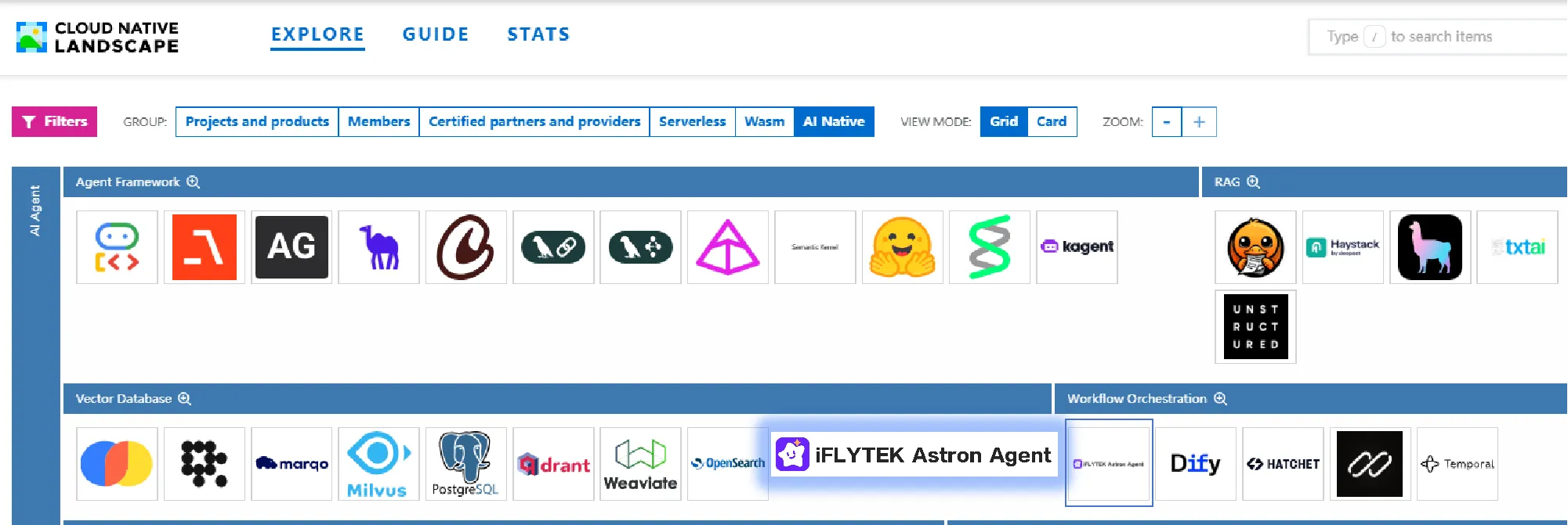 Astron Agent listed in the AI Agent - Workflow Orchestration category of the CNCF Landscape